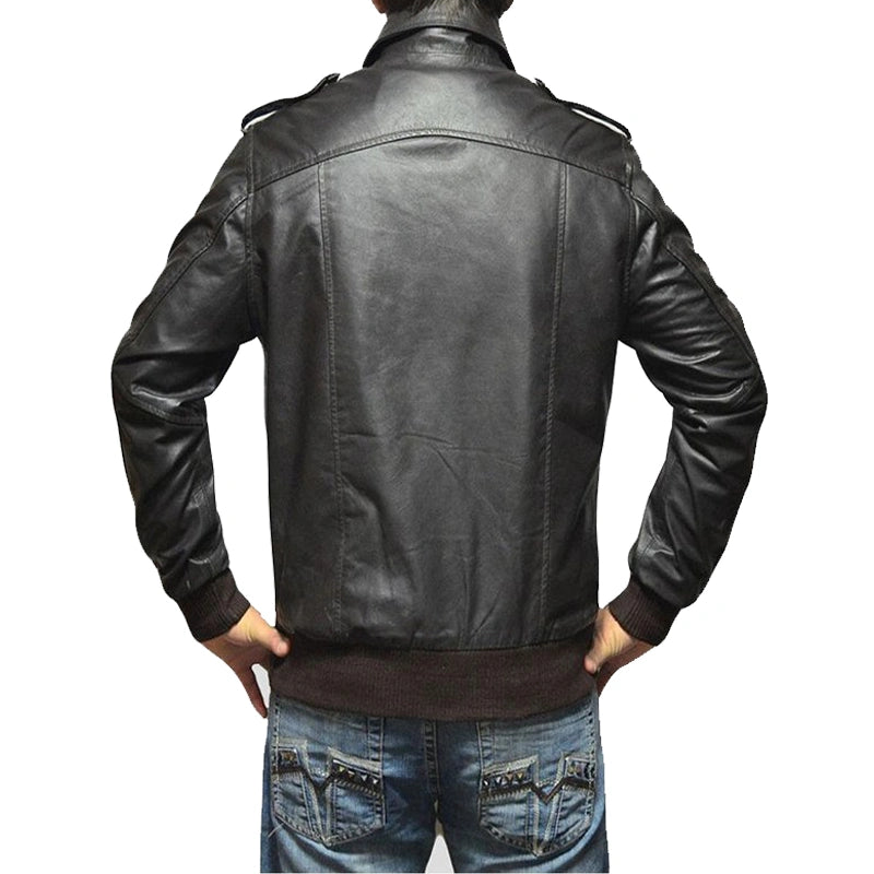 Black leather jacket worn by a person on a white background