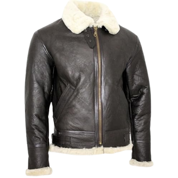 Black leather jacket with white fur lining on a white background