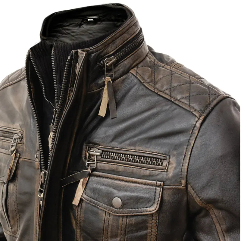 Brown leather jacket with quilted design and zippers on a white background