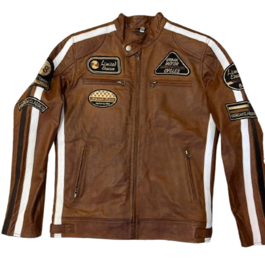 Brown leather jacket with patches on a white background