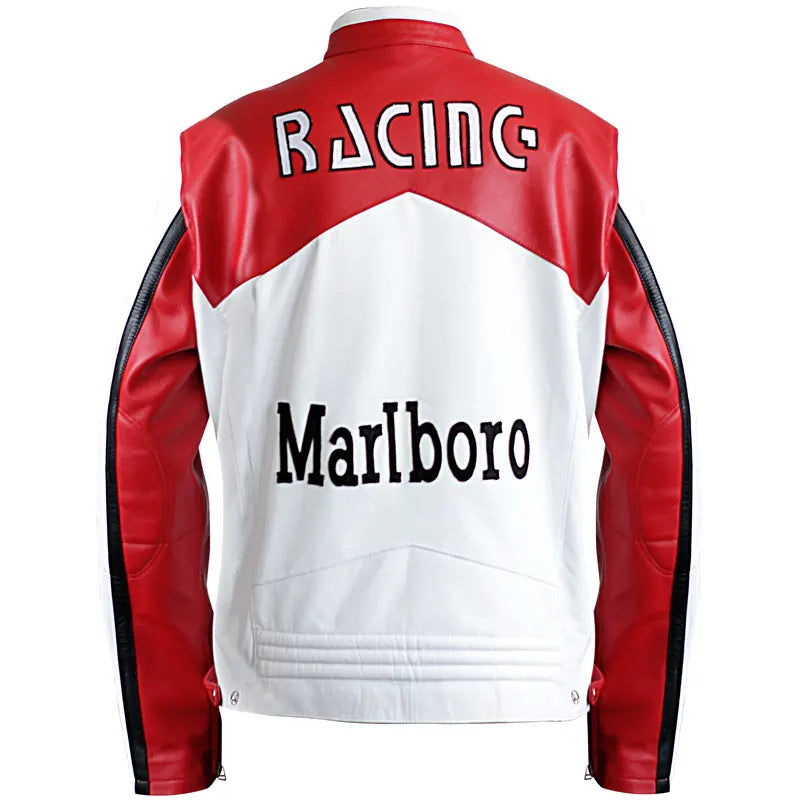 Red and white racing jacket with 'Racing' and 'Marlboro' text on a white background