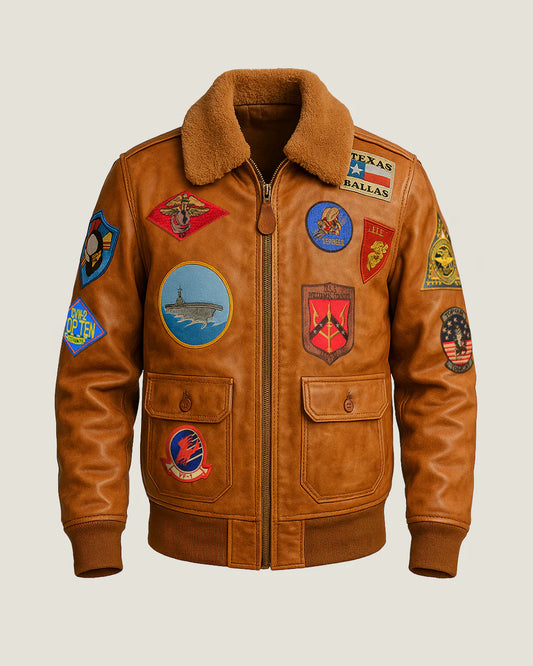"TOP GUN® Vintage Leather Bomber Jacket with patches – made in Pakistan"