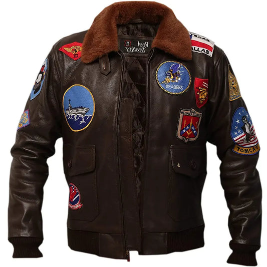 Brown leather jacket with various patches on a white background