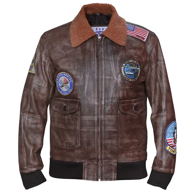 Brown leather jacket with patches on a white background