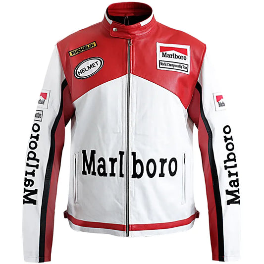 Red and white jacket with Marlboro branding on a white background