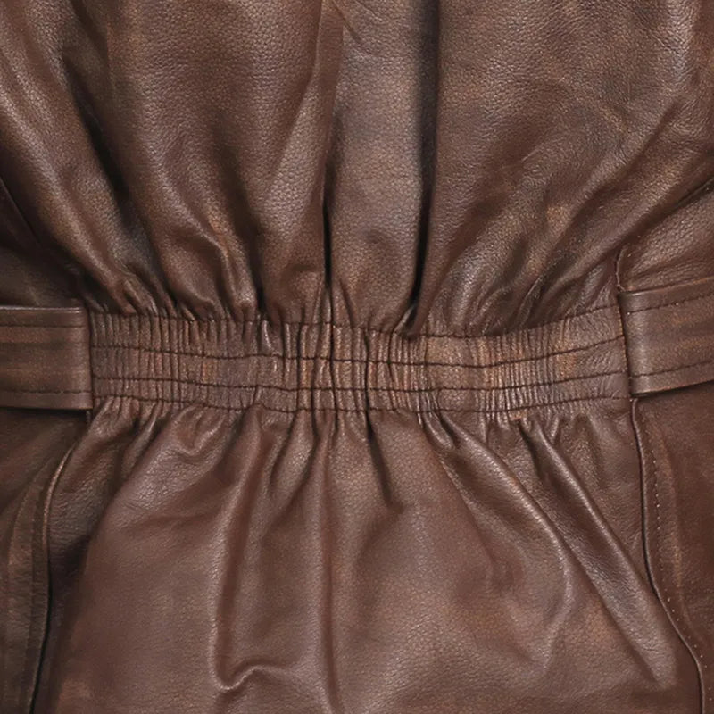 Premium stitching on brown biker oak leather jacket