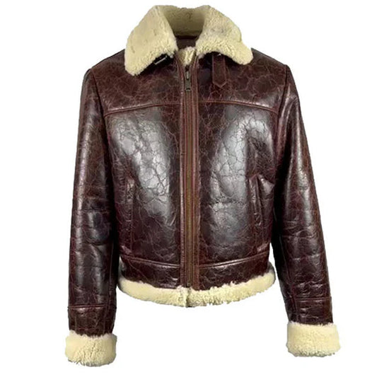 Brown leather jacket with beige fur lining on a white background