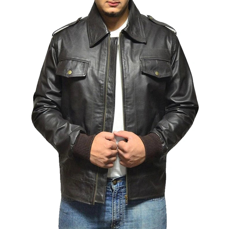 Black leather jacket worn by a person on a white background