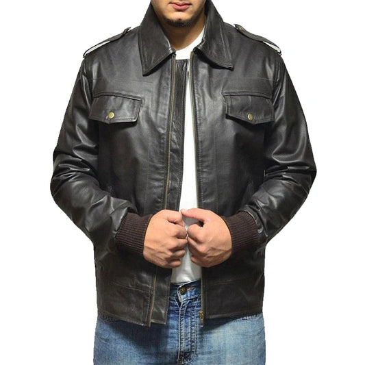 Black leather jacket worn by a person on a white background