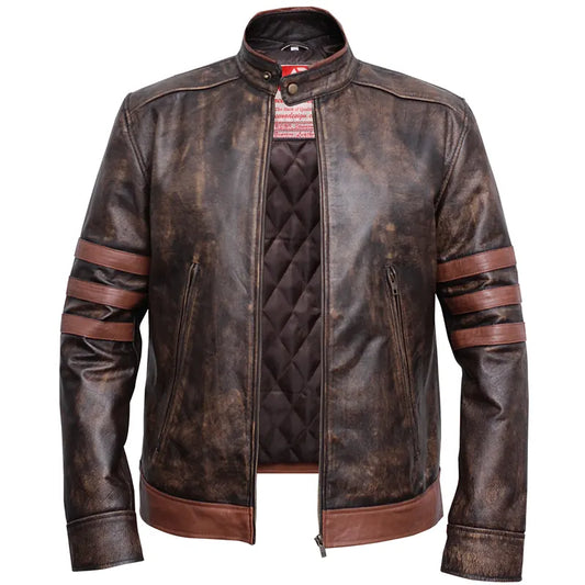 Brown leather jacket with quilted design and striped sleeves on a white background