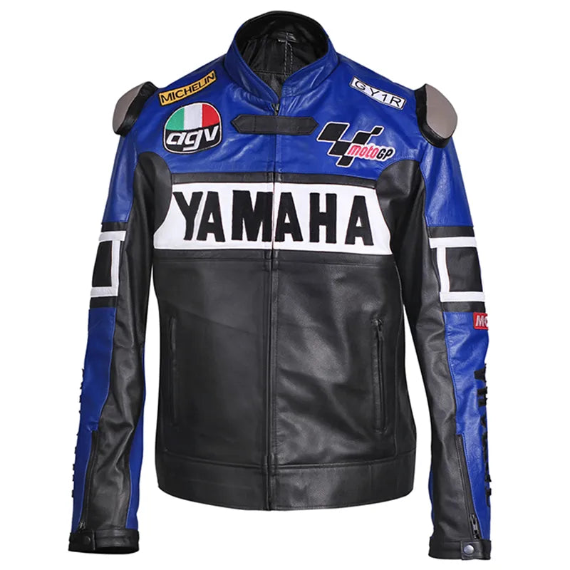 Motorcycle jacket with Yamaha branding and various logos on a white background