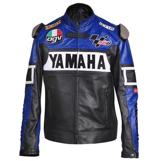 Motorcycle jacket with Yamaha branding and various logos on a white background