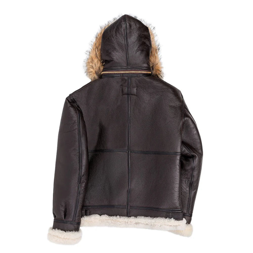 Black leather jacket with fur-lined hood and white fur trim on a white background