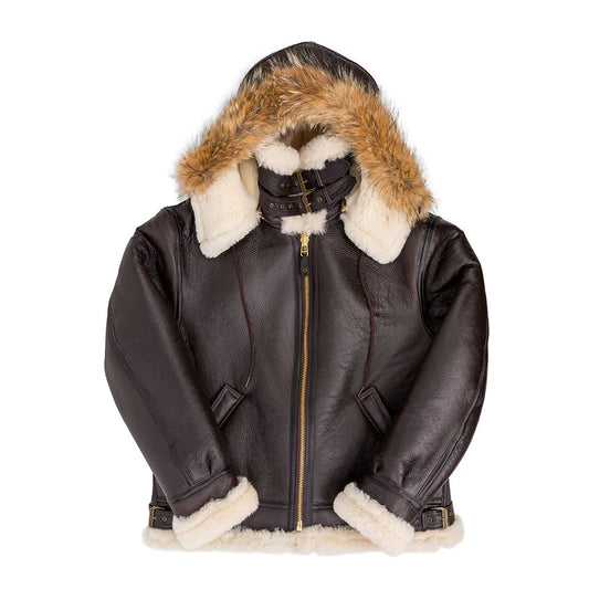 Brown leather jacket with fur-lined hood and trim on a white background