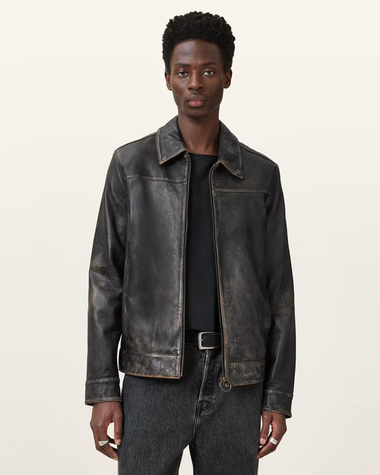 "Oak Leather Alkan Zip-Up Two-Tone Leather Jacket – bold men’s outerwear"