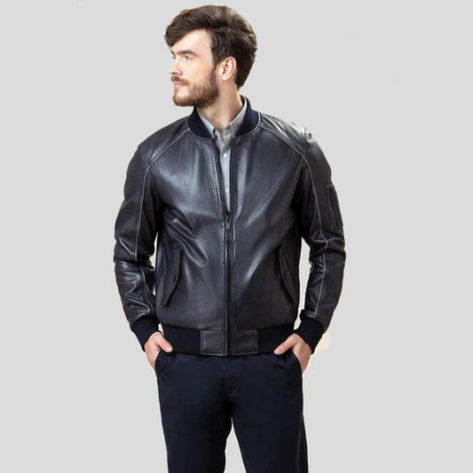 Men Black Leather Bomber Jacket