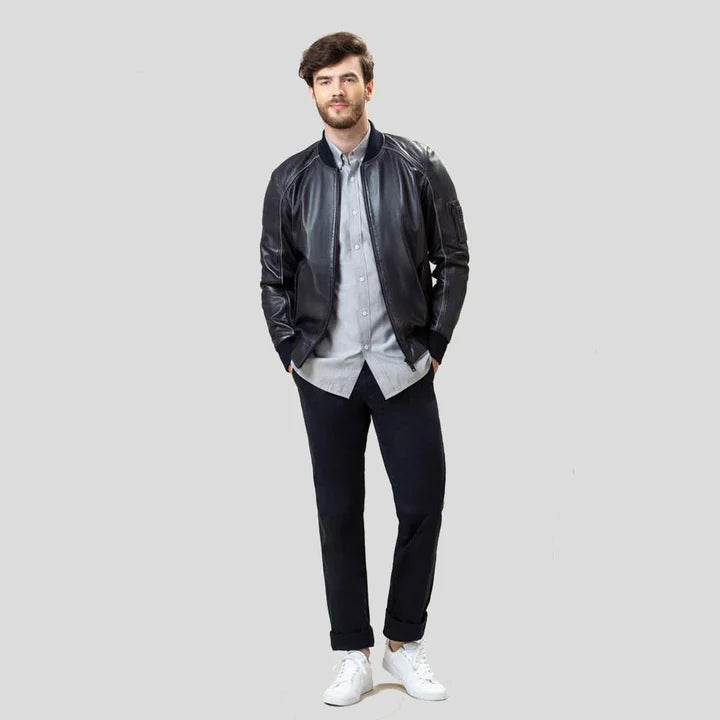 Men Black Leather Bomber Jacket