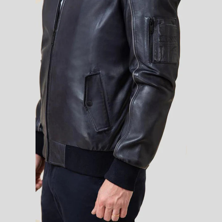 Men Black Leather Bomber Jacket