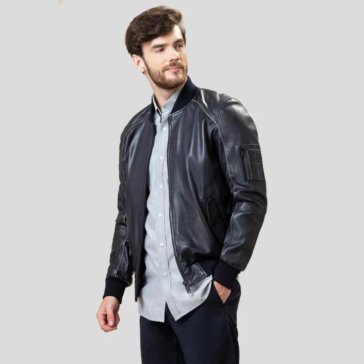 Men Black Leather Bomber Jacket