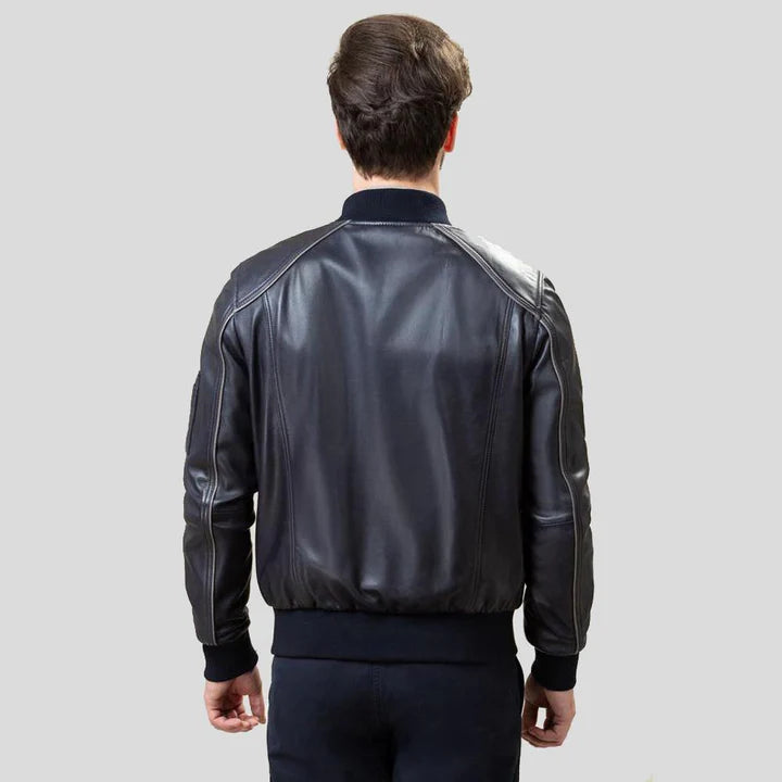 Men Black Leather Bomber Jacket