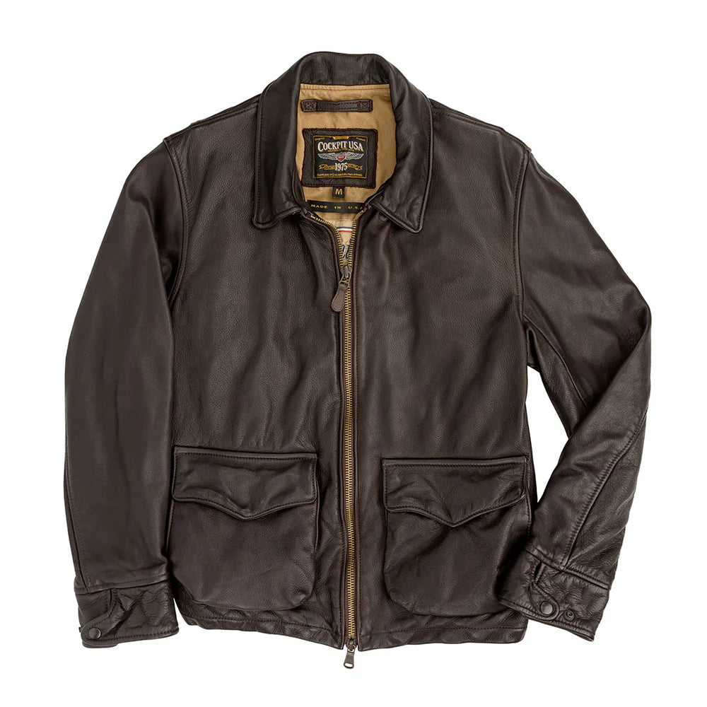 Brown leather jacket with visible brand label on a white background