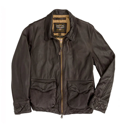 Brown leather jacket with visible brand label on a white background