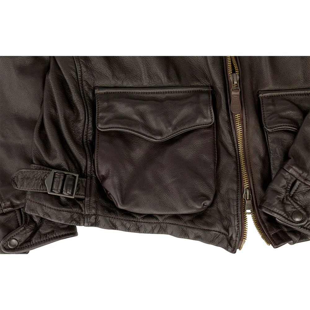 Close-up of a dark brown jacket with zippers and buttons on a white background