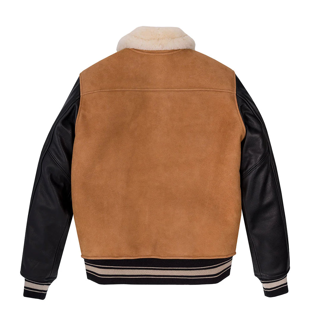Brown suede jacket with black leather sleeves on a white background