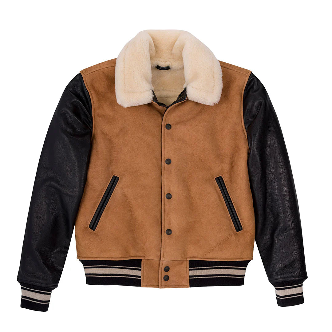 Tan leather jacket with black sleeves and white fur collar on a white background