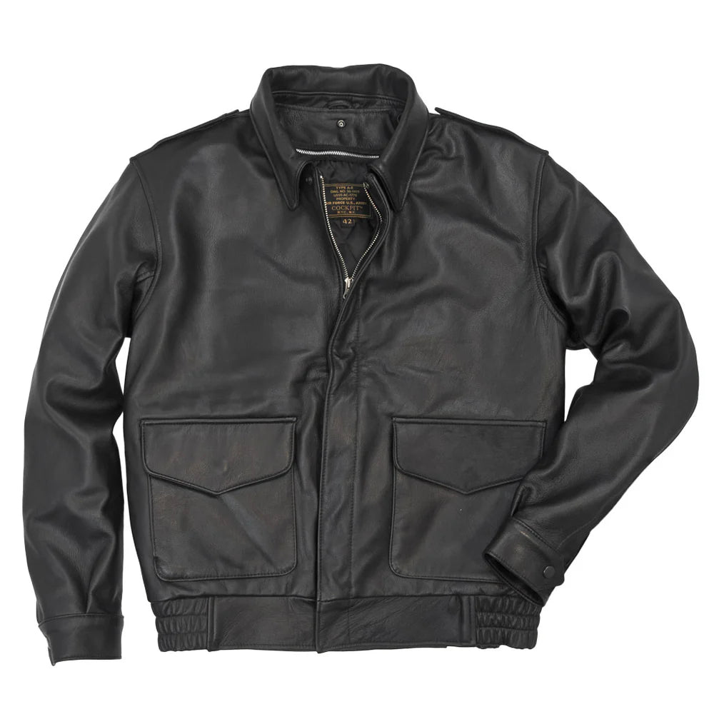 Black leather jacket with two front pockets on a white background