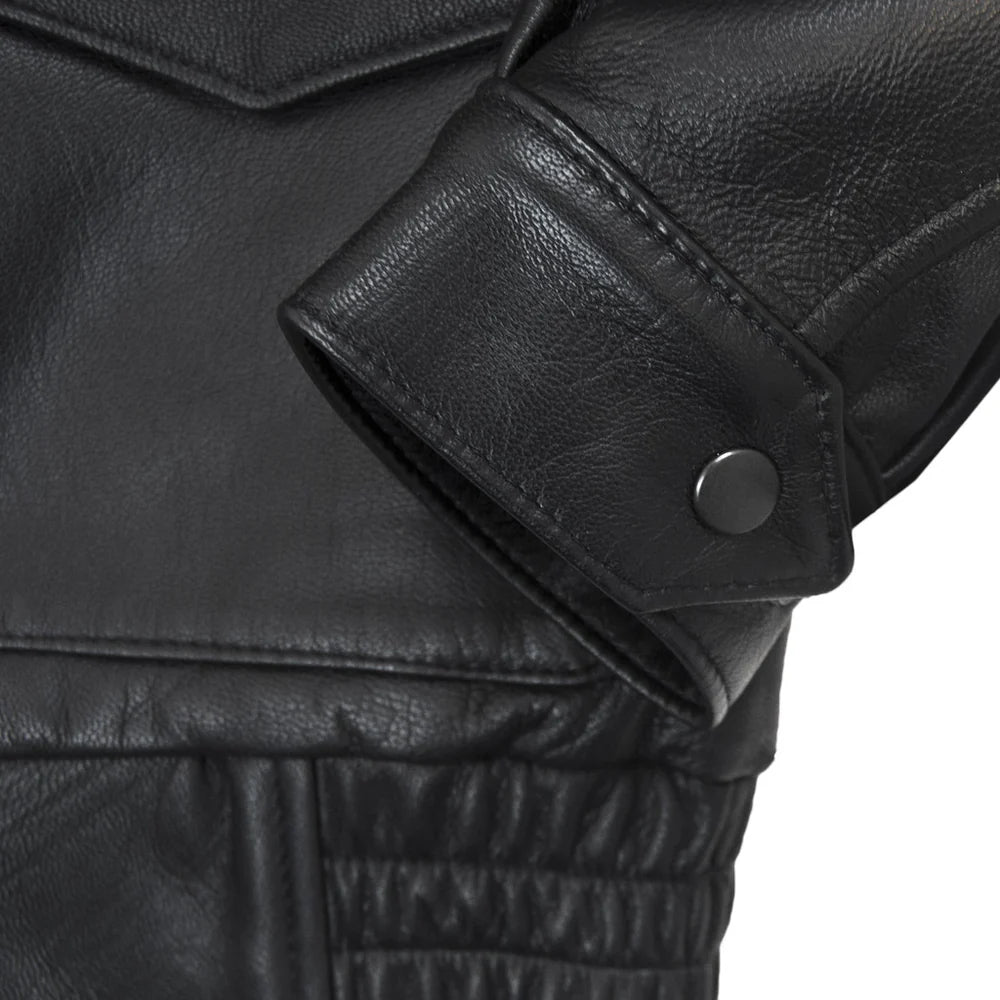 Close-up of a black leather jacket with a button on a white background