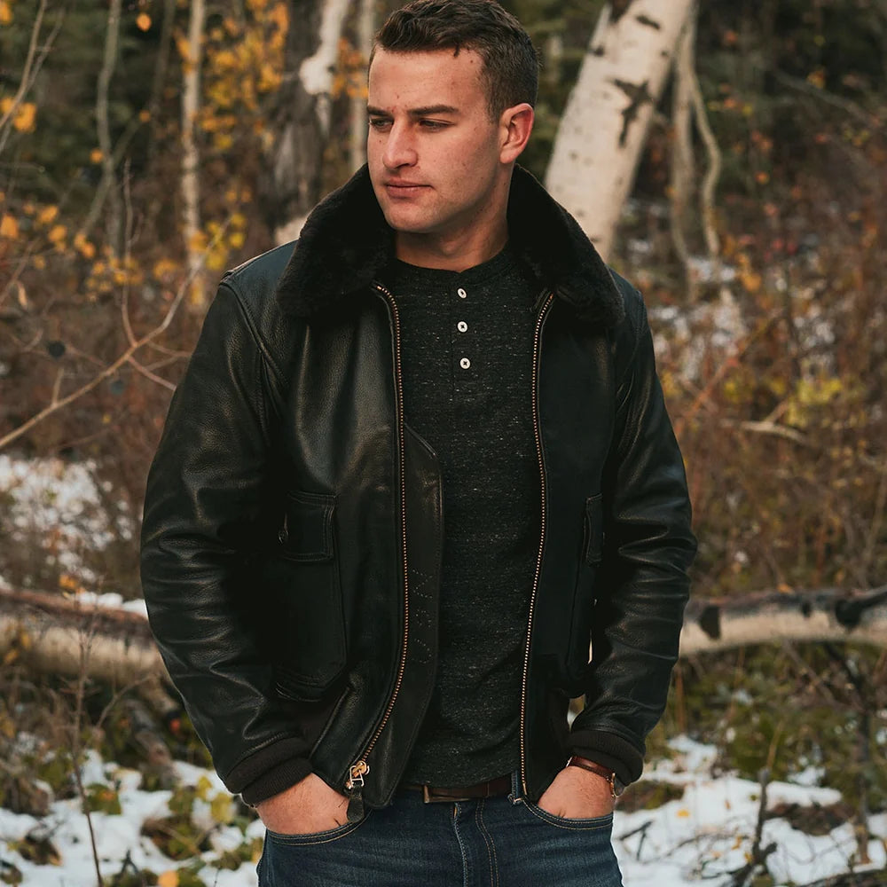 Model wearing G-1 Oak Leather Flight Jacket with Removable Collar