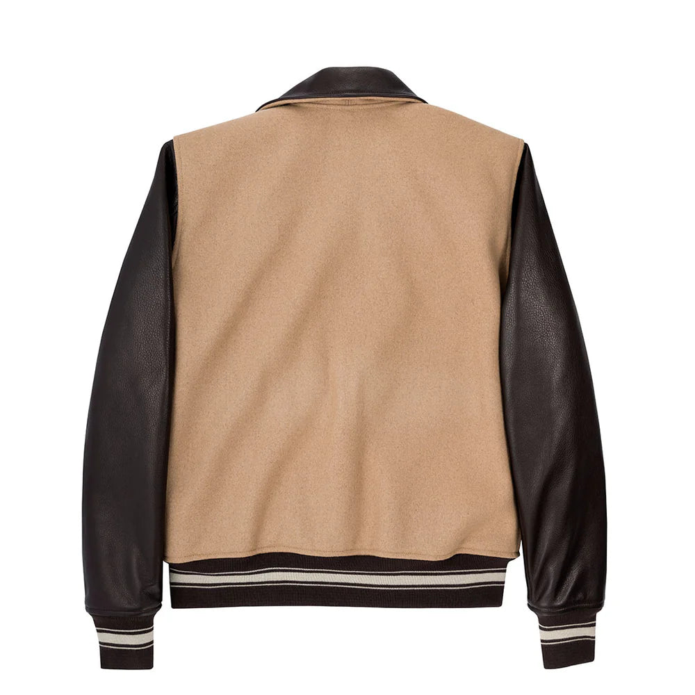 Beige varsity jacket with black sleeves on a white background