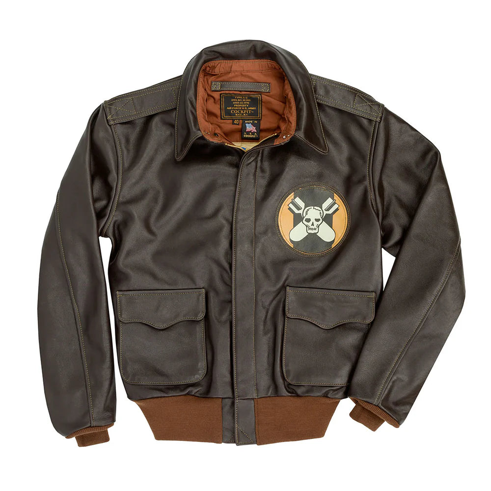 Brown jacket with a skull and crossbones design on a white background