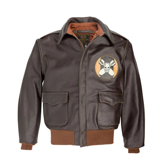 Brown jacket with a skull and crossbones patch on a white background