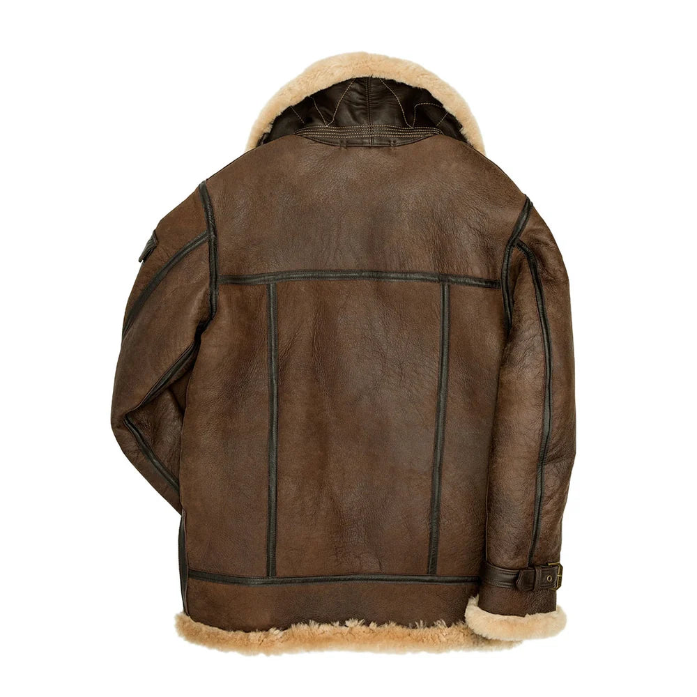 Brown leather jacket with fur lining on a white background