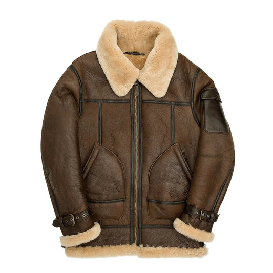 Brown leather jacket with beige fur lining on a white background