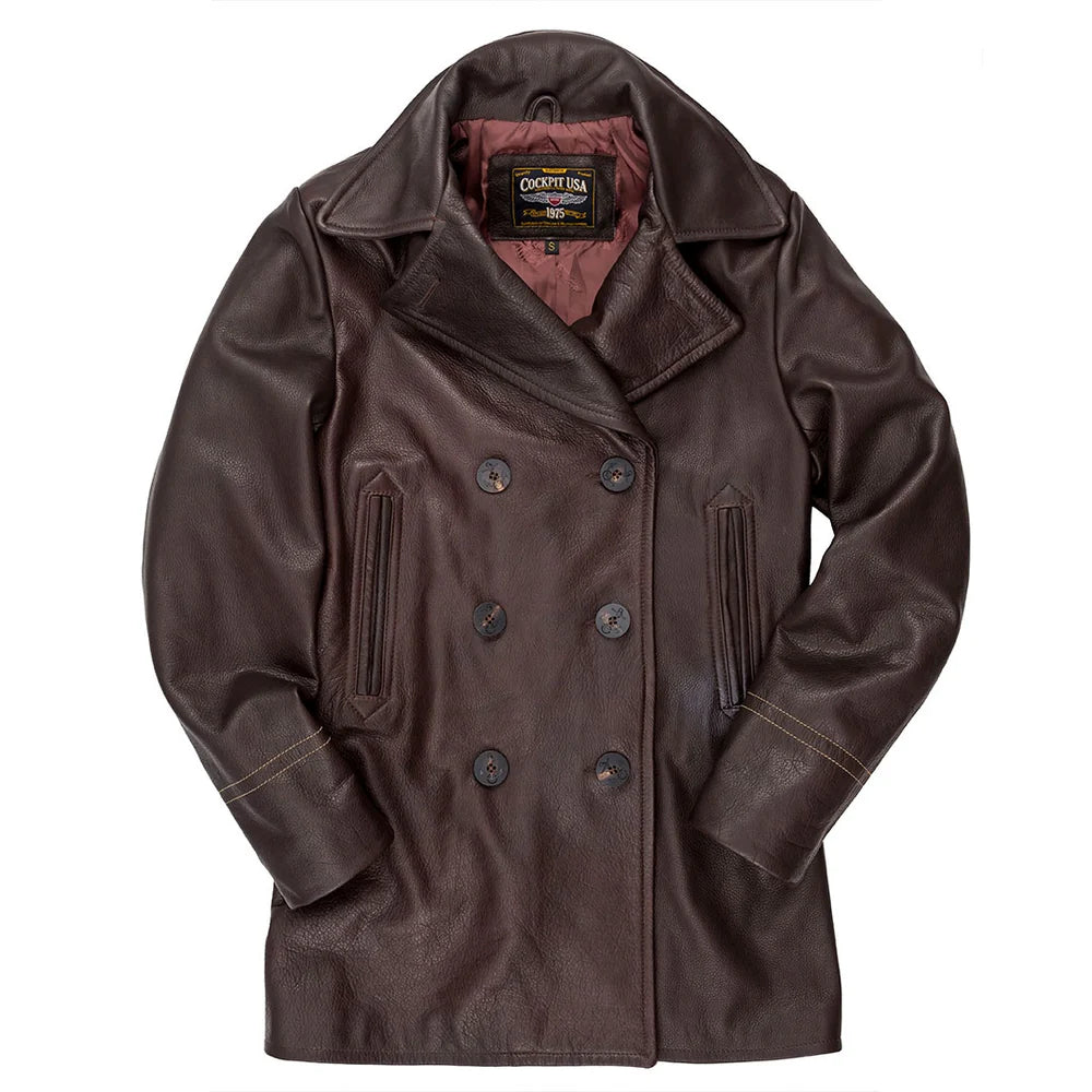 Brown peacoat with visible brand label on a white background