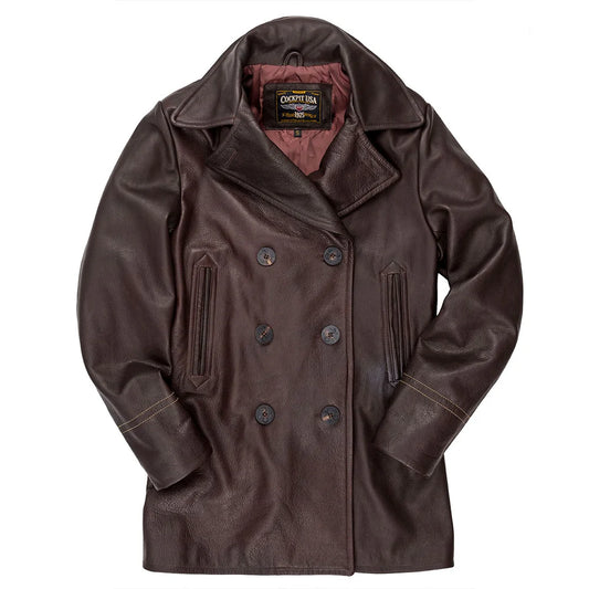 Brown peacoat with visible brand label on a white background
