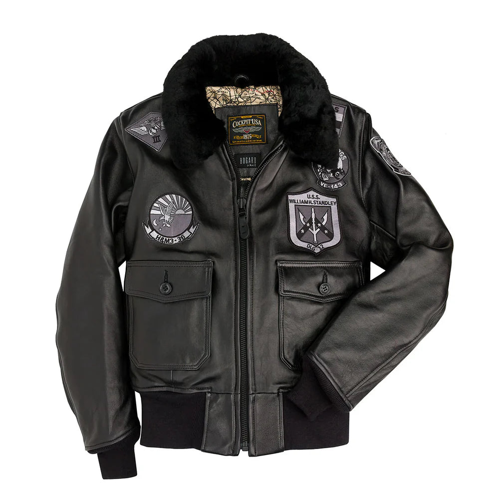 Black leather jacket with patches and fur lining on a white background