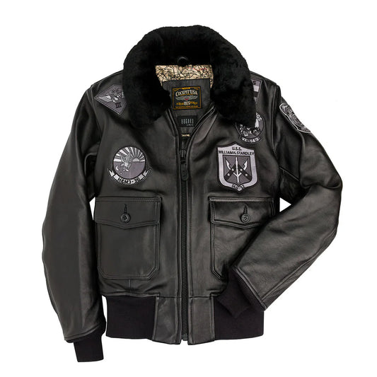 Black leather jacket with patches and fur lining on a white background