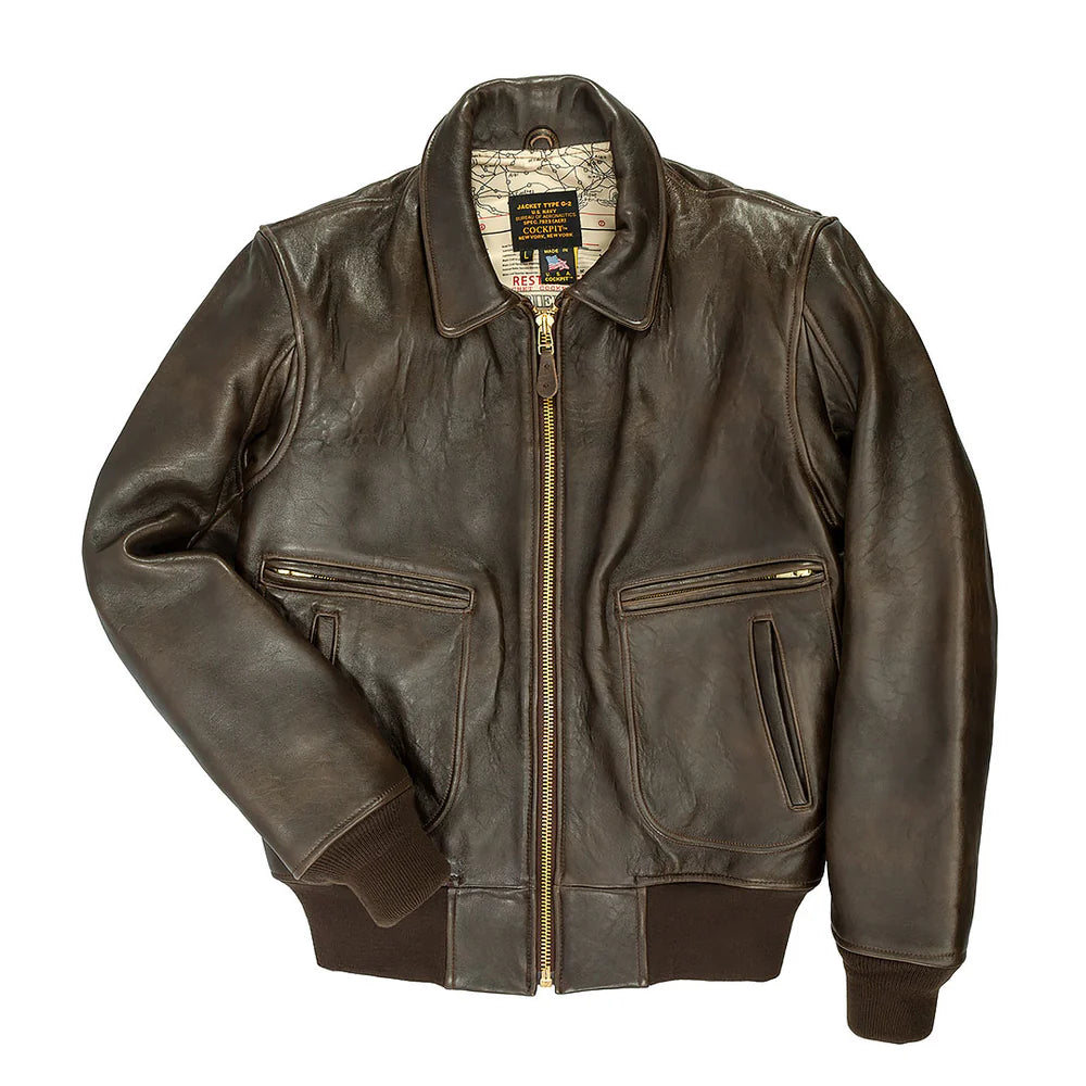 Brown leather jacket with gold zipper on a white background