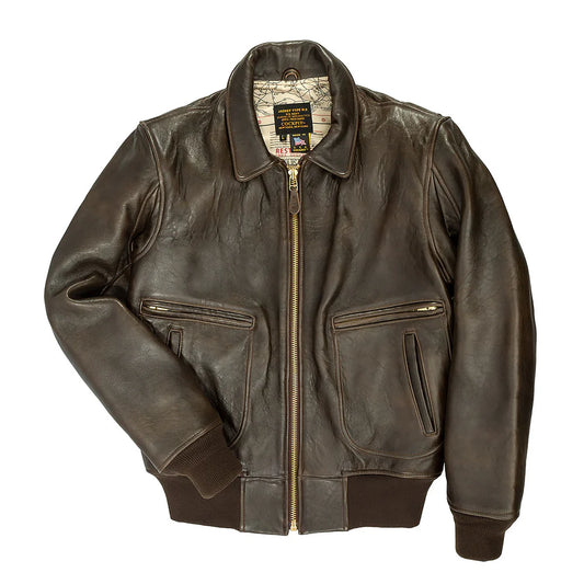 Brown leather jacket with gold zipper on a white background