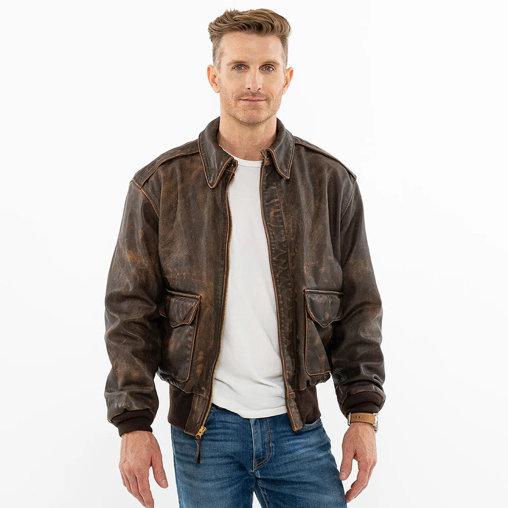Man wearing a brown leather jacket on a white background