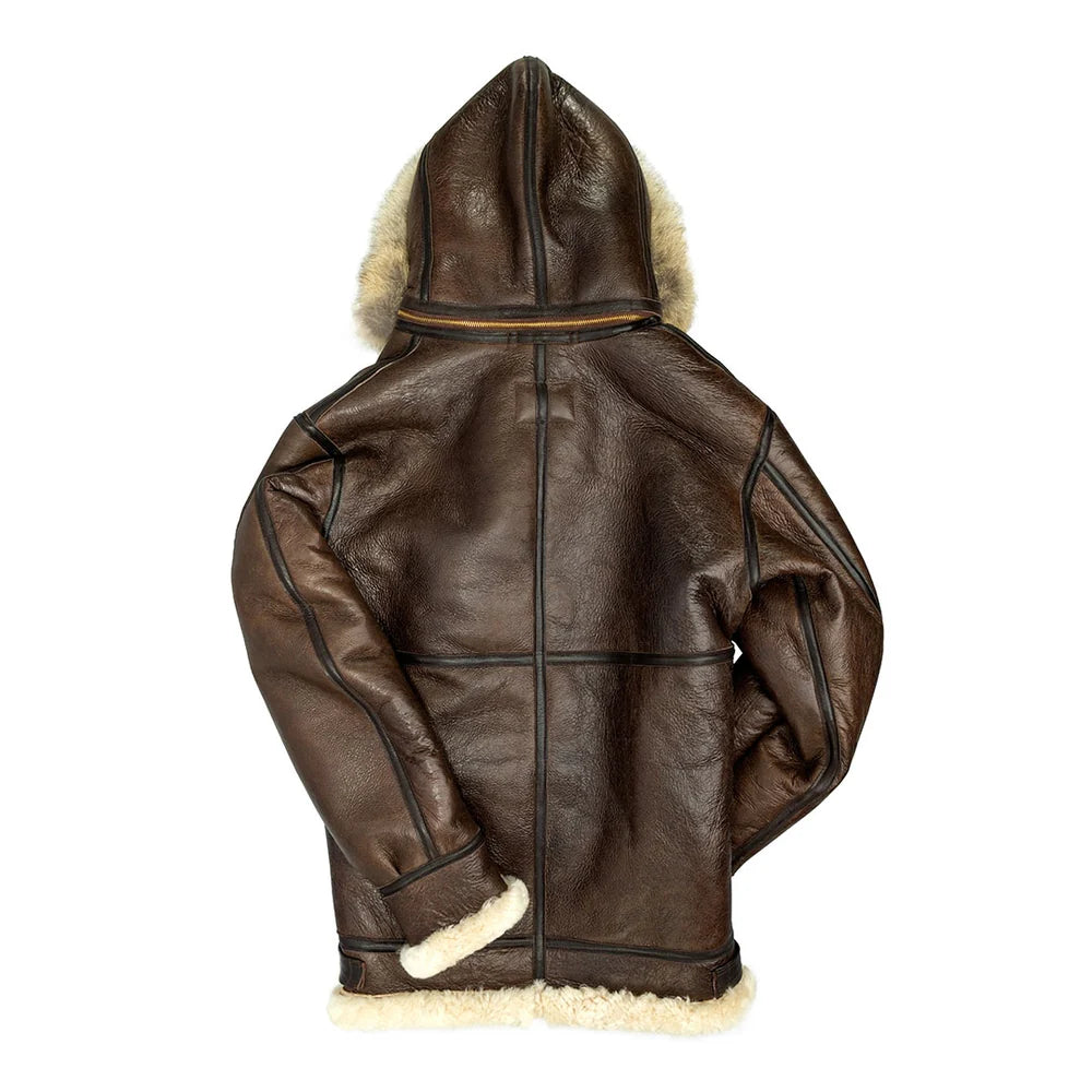 Brown leather jacket with fur lining on a white background