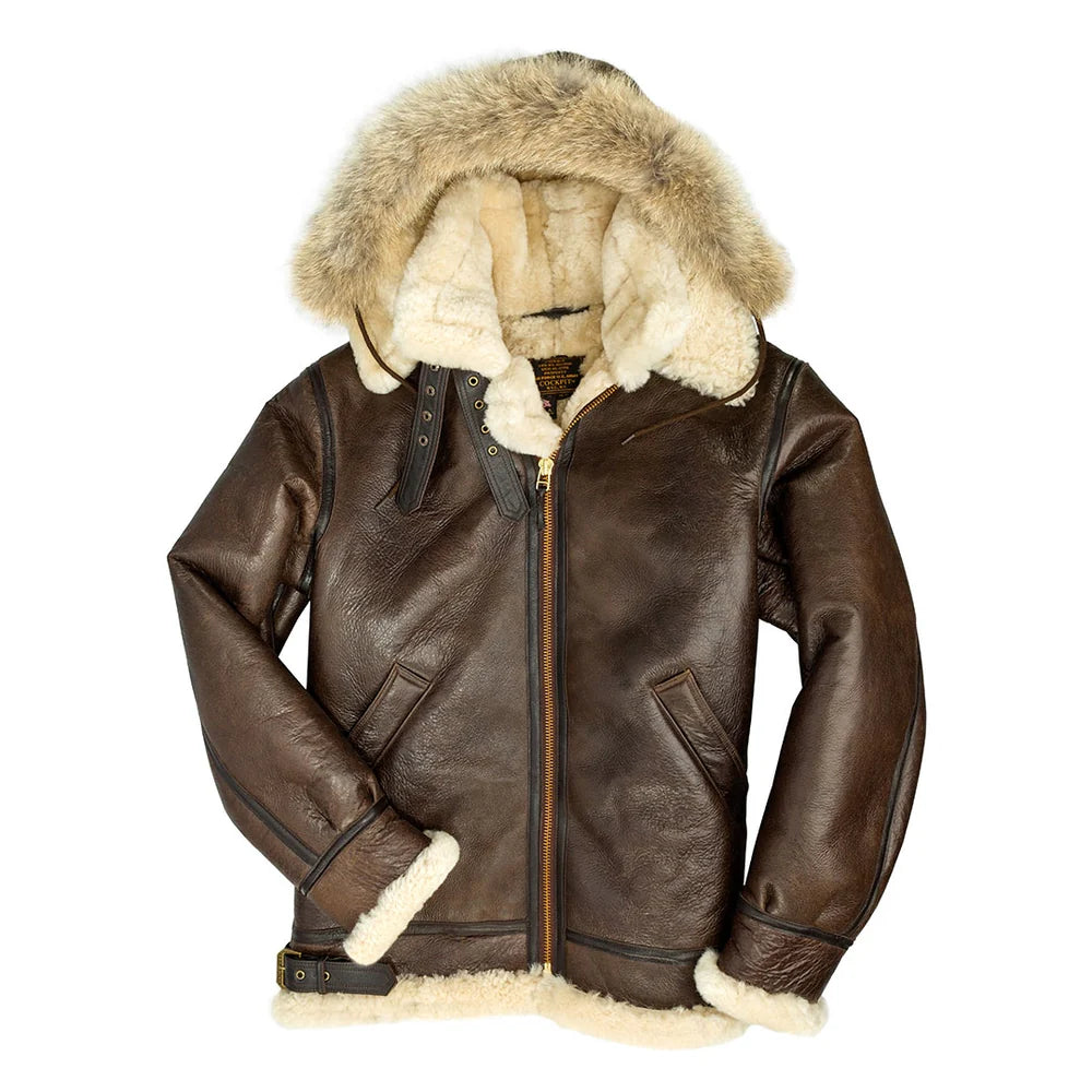 Brown leather jacket with fur hood and trim on a white background