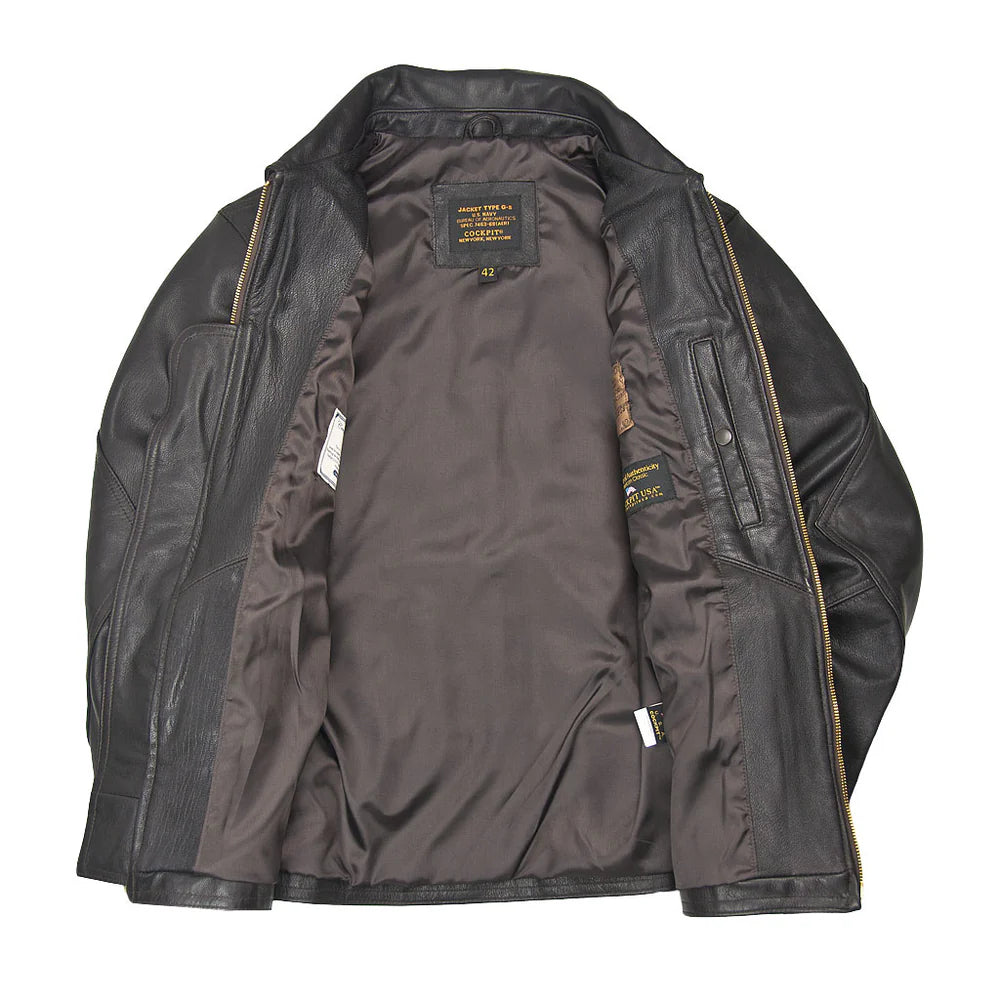 Brown leather jacket with visible stitching and brand label on a white background