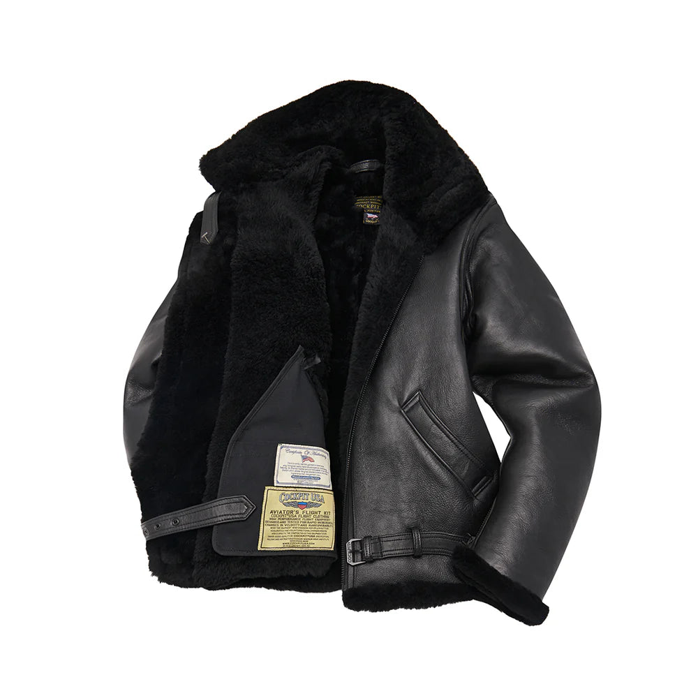 Black leather jacket with fur lining on a white background