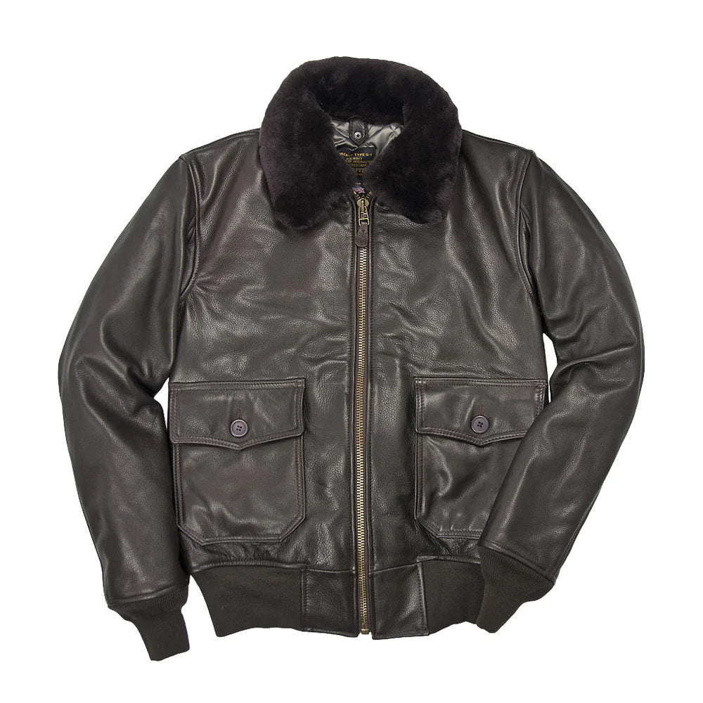 Black leather jacket with fur collar on a white background