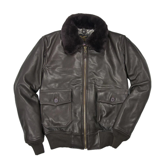 Black leather jacket with fur collar on a white background